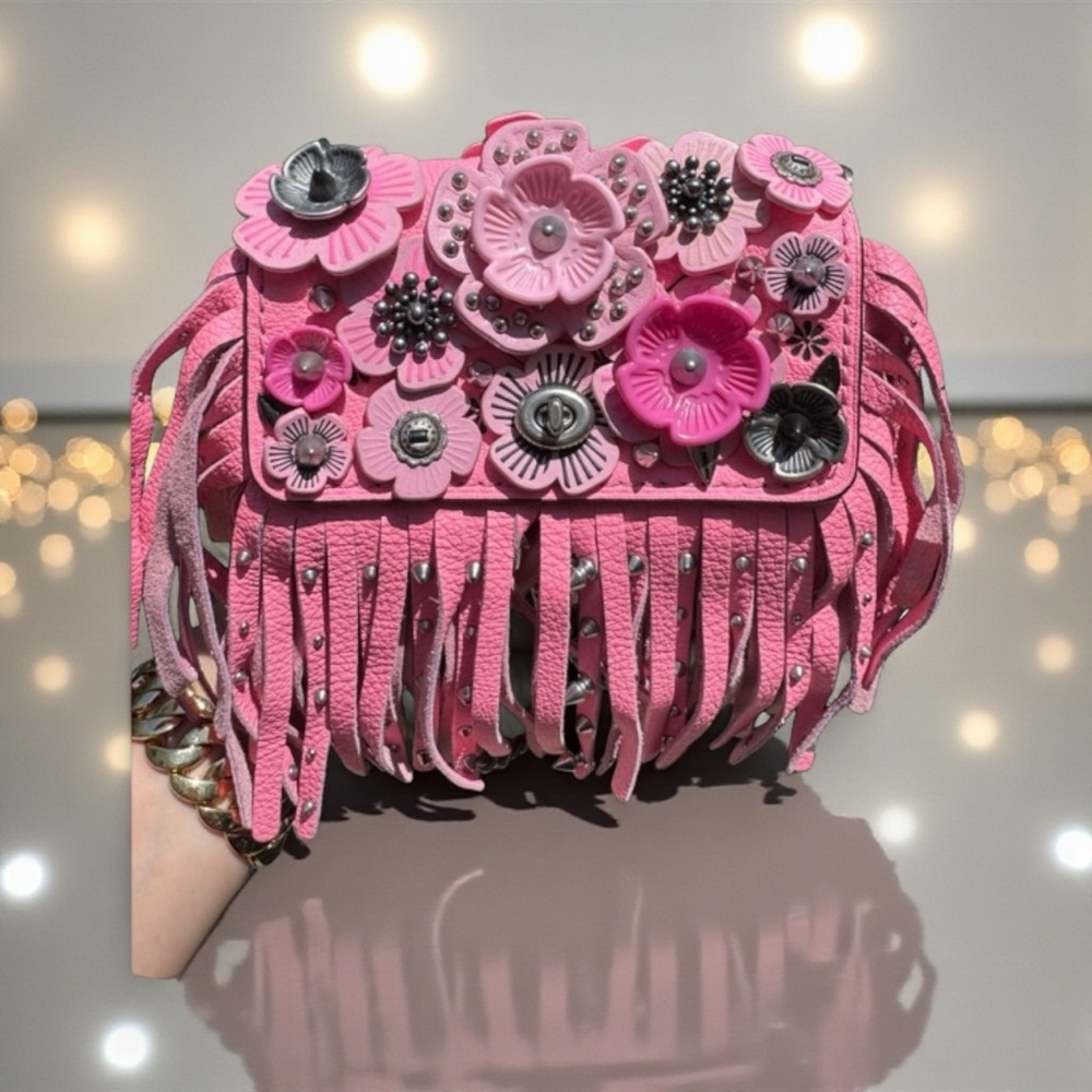 Coach 1941 Tea Rose Pink Leather Floral Embellished Fringe Purse. Vintage/NWOT